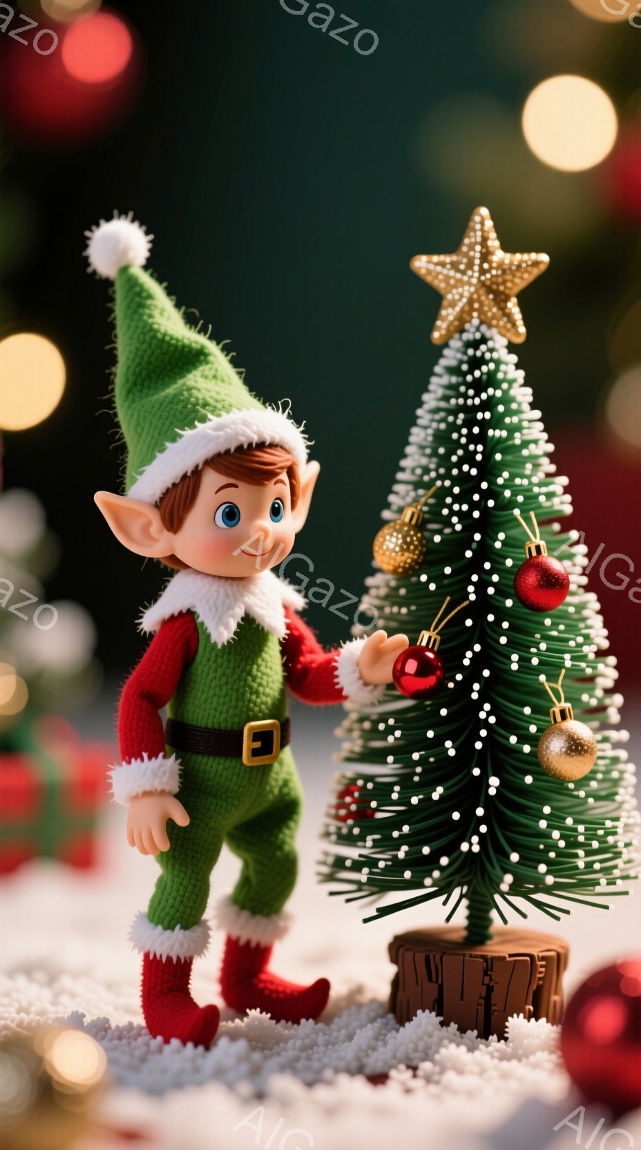 緑色の編み物の服を着たエルフが、雪に覆われた地面に立っています。エルフは赤いブーツを履き、緑色の帽子をかぶり、片手で小さなクリスマスツリーの赤いオーナメントを持っています。背景にはぼやけたライトが光り、クリスマスの温かく幻想的な雰囲気を醸し出しています。