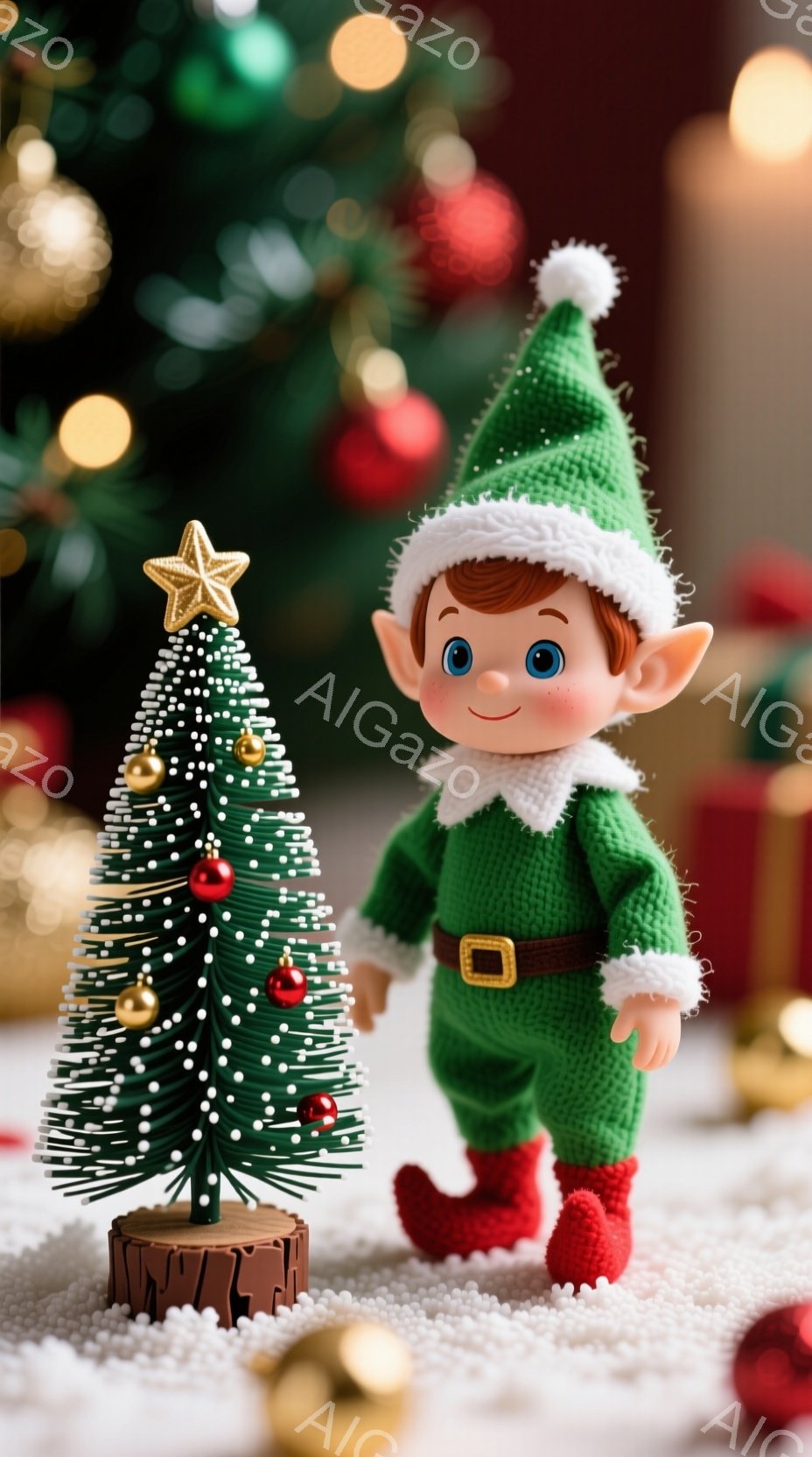 緑色のニットの衣装を着た、愛らしいエルフの人形が、小さな飾り付けられたクリスマスツリーの隣に立っています。エルフは赤い靴を履き、笑顔で前を見つめており、楽しそうな雰囲気を醸し出しています。背景にはぼやけたクリスマスオーナメントやライトがあり、白い装飾が敷かれた床の上に置かれています。
