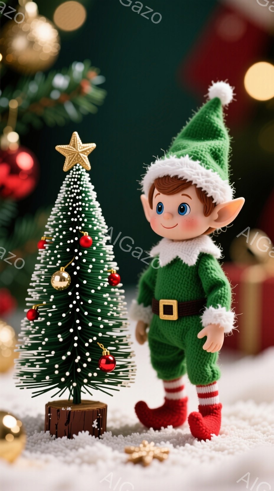 小さなトナカイが飾られたクリスマスツリーの隣に、緑色のニットの服を着たエルフの人形が立っています。エルフは赤い靴と帽子をかぶり、少し微笑んでおり、全体的に温かく、クリスマスの雰囲気が漂っています。背景にはぼやけたクリスマスツリーと光の粒子があり、雪が降っているかのような白い粒子が散りばめられています。