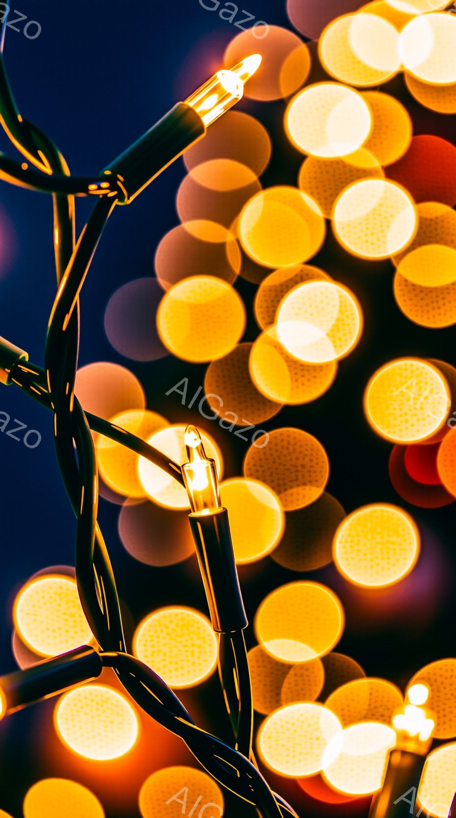 闇夜に輝く電飾が印象的な写真です。黒いコードに連なる電球は暖かく柔らかな光を放ち、背景はぼやけた光の玉で満たされています。全体的に幻想的で温かい雰囲気が漂い、クリスマスの飾り付けやイベントを想起させます。