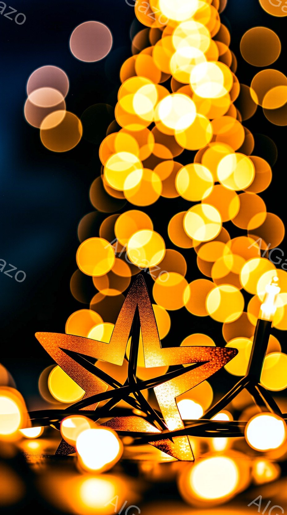画像は、ぼやけた暖かい色の光が背景を彩る、光り輝く星の装飾が中心に配置されたクローズアップ写真です。光の玉は背景全体に散らばり、まるで暖かい夜空のようであり、全体的に幻想的で穏やかな雰囲気を醸し出しています。背景は暗く、星の装飾と光の玉が際立っており、まるで特別な夜の装飾の一部のように見えます。