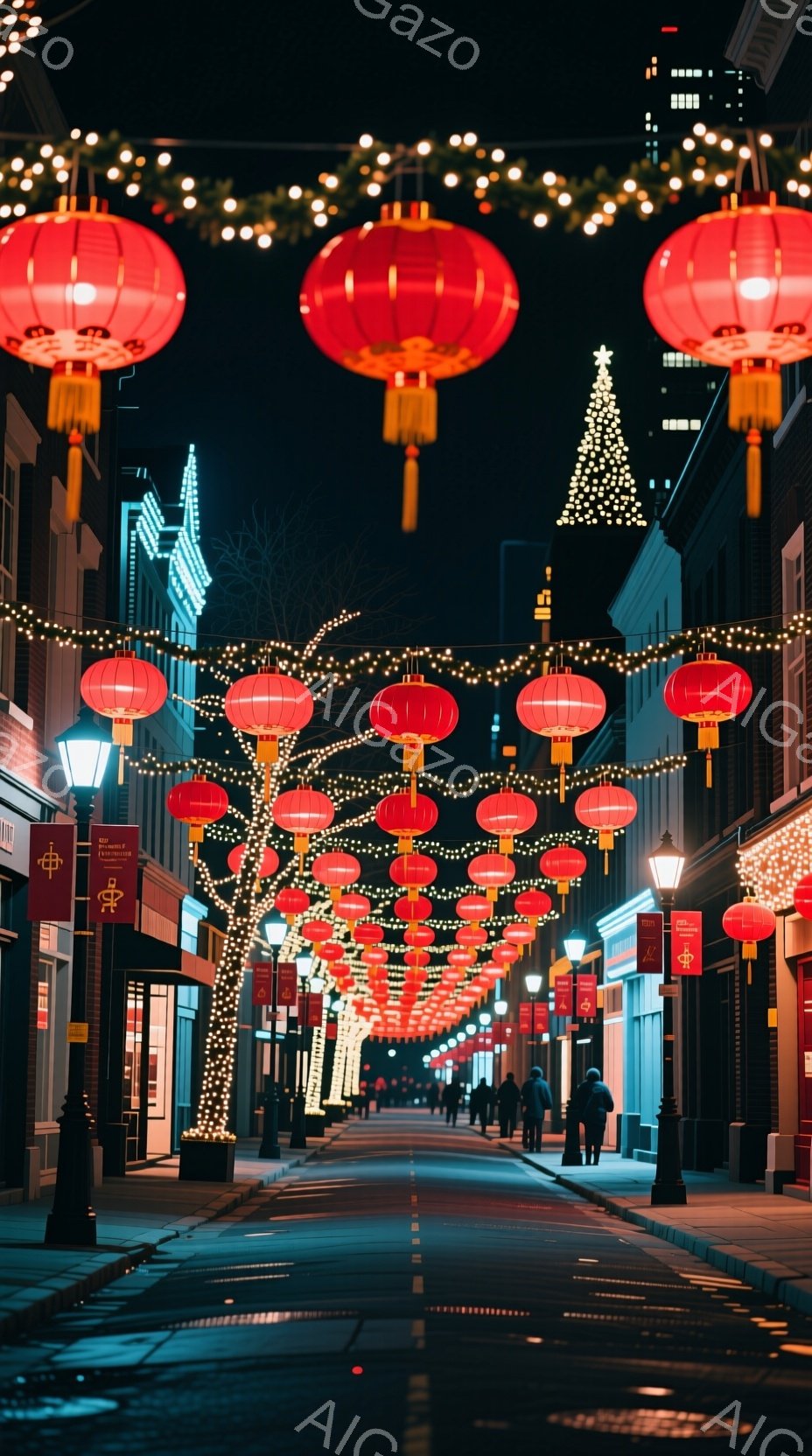 夜の街路は、赤色の提灯と輝くイルミネーションで飾られ、お祭りのような雰囲気を醸し出しています。道路には数人の人が歩いており、彼らは暗闇に溶け込むように黒い服装をしています。背景にはレンガ造りの建物が立ち並び、遠くには高層ビルが見え、全体的に暖かい光が街を包み込んでいます。