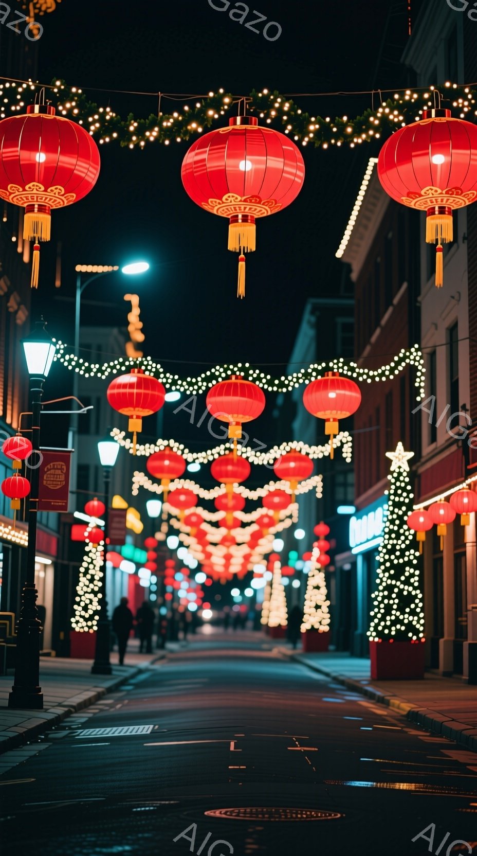 夜の街路が赤い提灯と輝くイルミネーションで彩られています。遠くに見える人影は、黒いコートを着て、歩道を歩いています。路面は濡れており、街灯や提灯の光が反射して、幻想的な雰囲気を醸し出しています。
