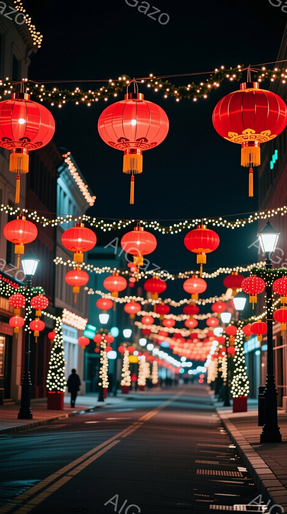 夜の街路が赤い提灯と電飾で華やかに彩られています。遠くに人影が見え、提灯の光がアスファルトの道に反射し、幻想的な雰囲気を醸し出しています。左右に並ぶ建物は暗く、提灯と電飾がより一層際立って見えます。