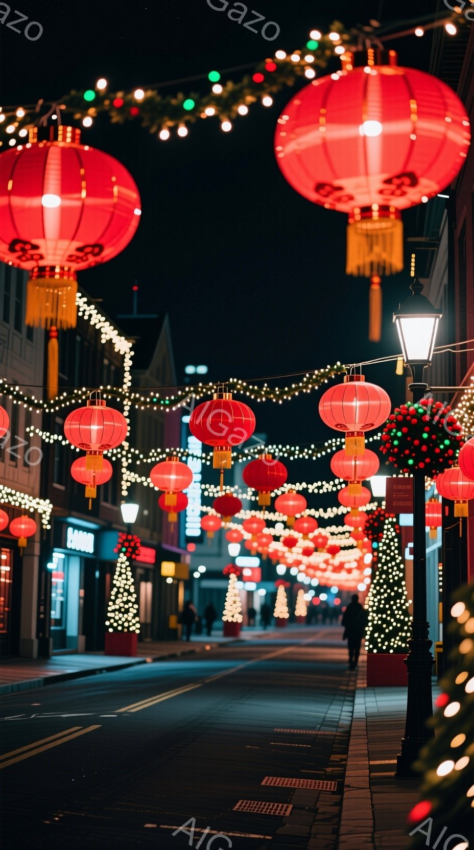夜の街並みが、赤と金の提灯やイルミネーションで華やかに彩られています。歩道には数人の人々が歩いており、遠くにはシルエットのような姿も見えます。背景には、西洋風の建物が立ち並び、クリスマスの装飾が施された松の木が、温かい雰囲気を添えています。
