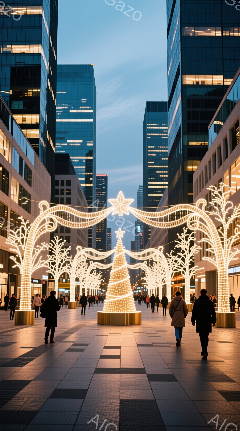 舗装された広場には、イルミネーションで飾られたアーチとクリスマスツリーが立ち並び、多くの人々が歩いている。人々は冬の服装で、黒いコートやジャケットを着ており、後ろ姿からは表情は読み取れないが、歩調は落ち着いている。高層ビルが立ち並び、空は夕暮れ時で青みがかった空が広がっており、全体的に温かく穏やかなクリスマスの雰囲気が漂っている。