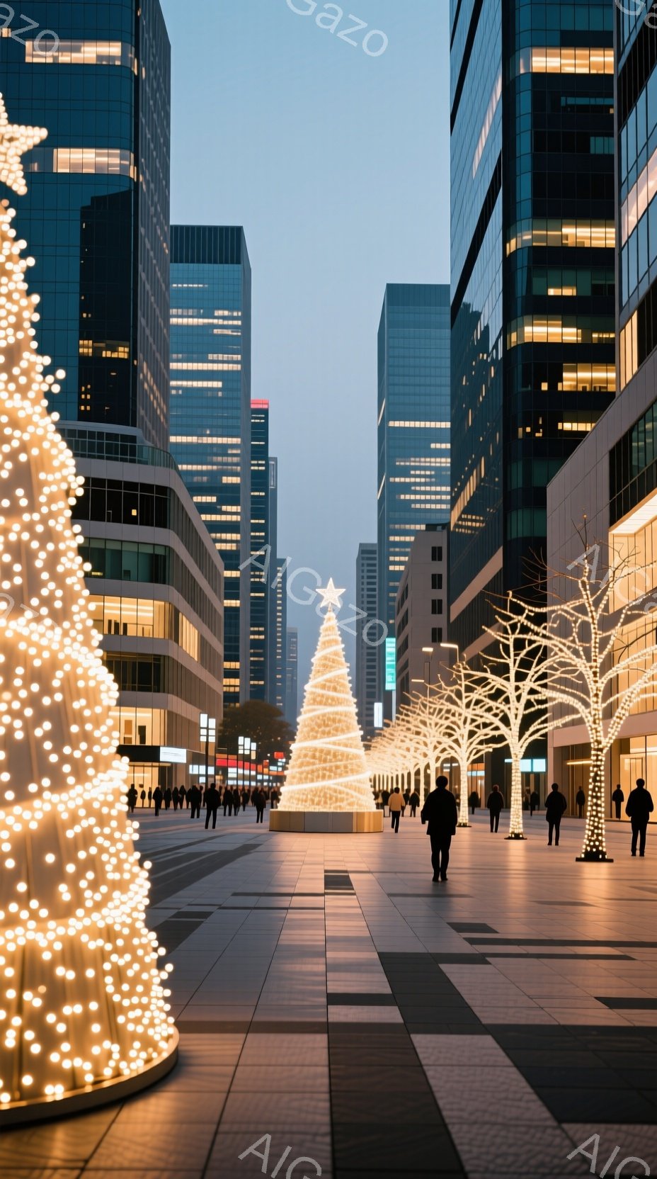 高層ビルが立ち並ぶ都会の通りに、クリスマスツリーが飾られています。人々は冬の装いで歩き、背景の建物は夕暮れ時の光を反射して輝いています。全体的に、静かで落ち着いたクリスマスの雰囲気が漂っています。