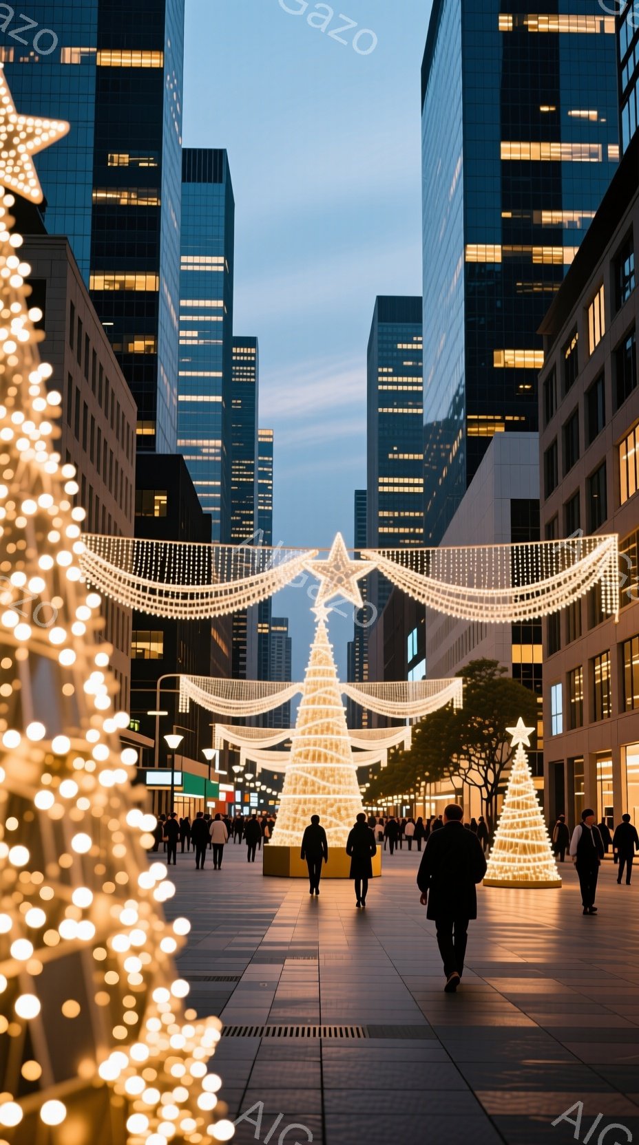 街路は高層ビルに挟まれ、クリスマスイルミネーションで彩られています。人々は黒いコートを着て歩いており、後ろ姿からは落ち着いた雰囲気が伝わってきます。空は夕暮れ時で、街全体が温かい光に包まれています。