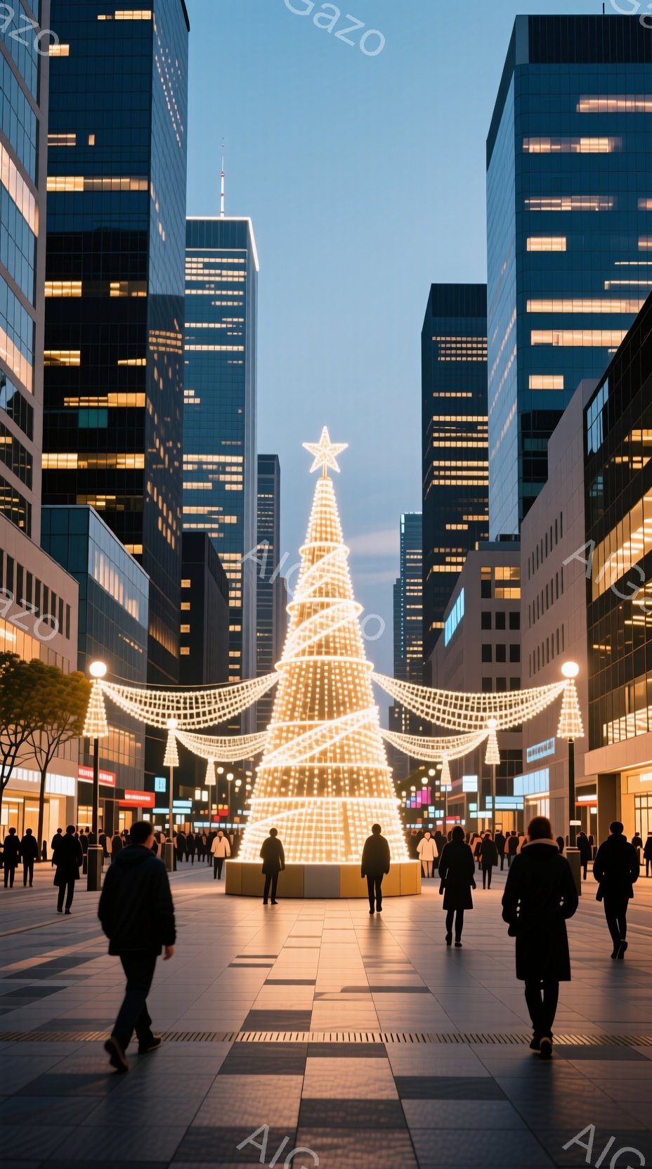 広場の中央には、明るく輝く巨大なイルミネーションツリーがそびえ立っており、周囲は高層ビル群に囲まれている。人々は黒いコートを着て、足早に広場を歩いており、ほとんどの人の表情は見えない。夕暮れ時の空の下、都会の洗練された雰囲気とクリスマスの温かい光が混ざり合い、静かで落ち着いた様子が伝わってくる。
