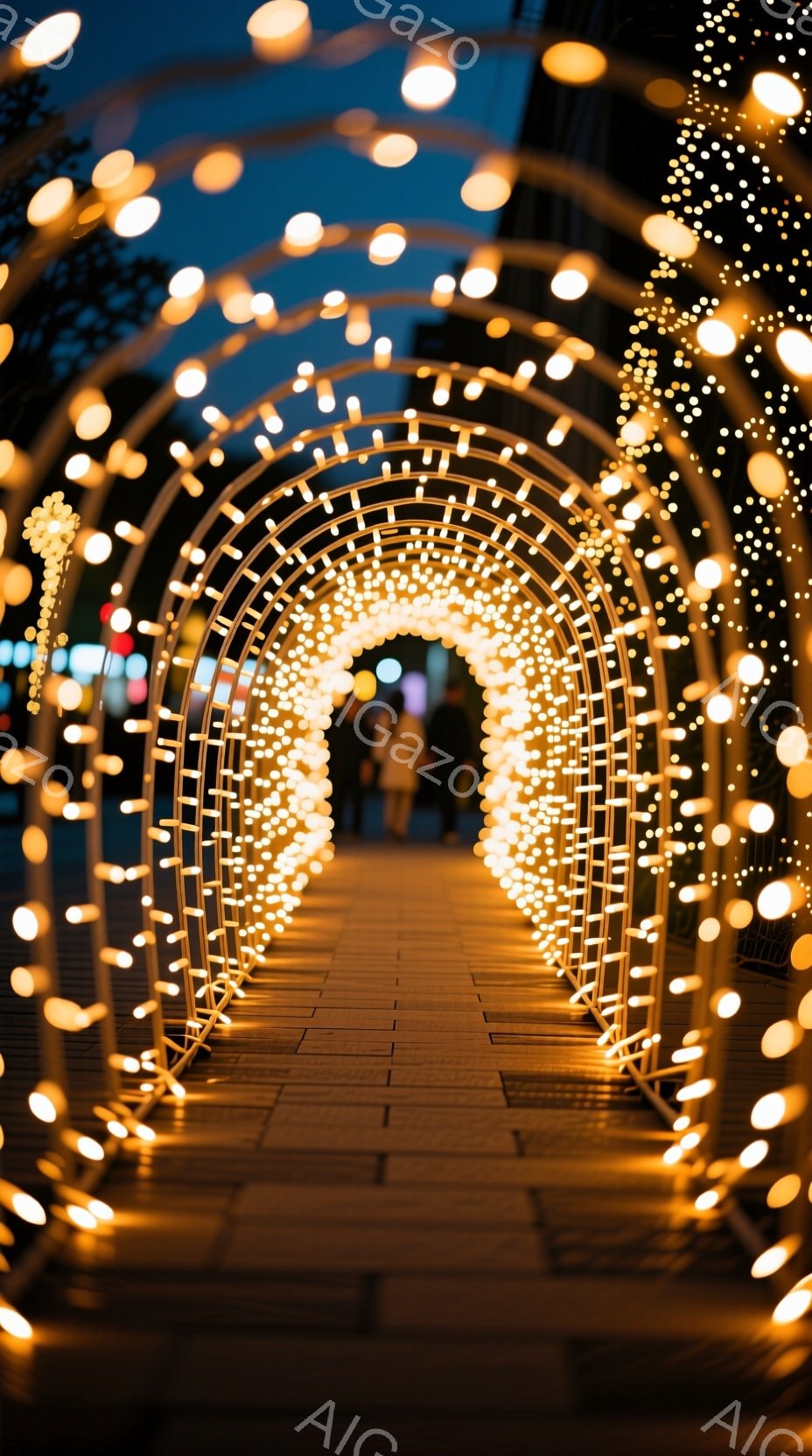 光のトンネルが印象的な写真で、無数の電飾がアーチ状に並び、幻想的な空間を作り出しています。トンネルの奥には人影が見え、温かい光に包まれて歩いている様子が伺えます。背景は暗く、電飾の輝きが際立ち、まるで別世界へと続く道のような雰囲気を醸し出しています。