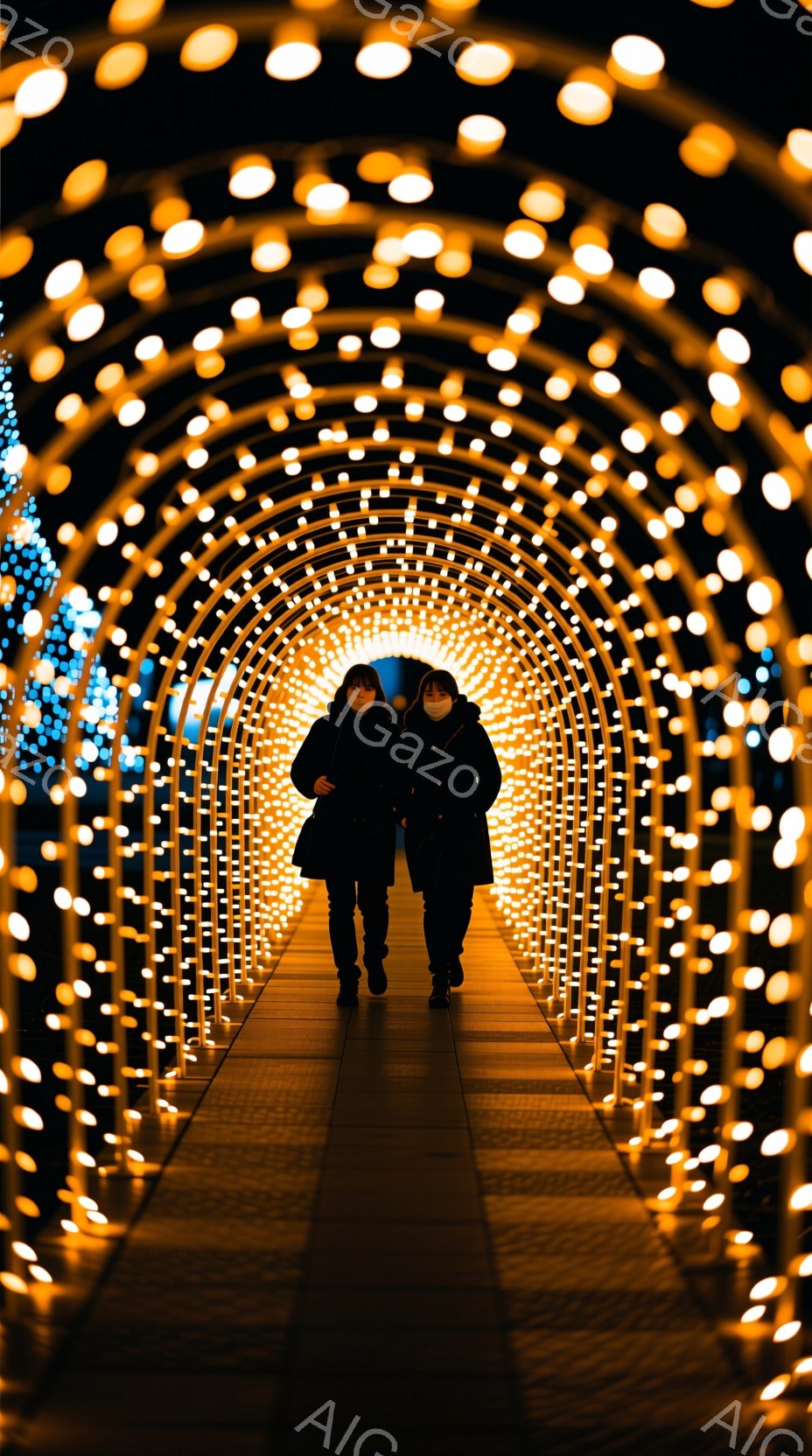 二人の女性が光のトンネルの中を歩いている。彼女たちは黒いコートを着ており、髪はそれぞれ異なる長さで、表情ははっきりと見えないが、リラックスした様子が伺える。背景は無数の光で構成されたトンネルで、まるで幻想的な世界に足を踏み入れたような雰囲気を醸し出している。