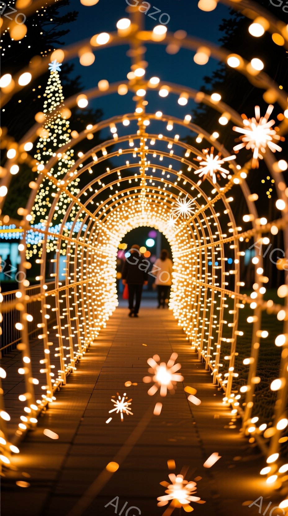 夜間に撮影されたこの画像は、光のアーチが印象的な風景を見せています。アーチは無数の小さな電球で覆われ、まるでトンネルのように光で満たされています。アーチの中を二人の人物が歩いており、遠くには木々が見え、幻想的な雰囲気を醸し出しています。