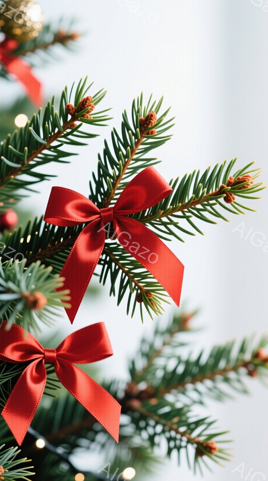 鮮やかな緑のモミの枝に赤いリボンが飾られています。背景にはぼやけた光の粒子があり、全体的に暖かく、お祝いの雰囲気を醸し出しています。モミの枝の茶色い実がアクセントとなり、冬の装飾の美しさを際立たせてい - AI生成フリー素材
