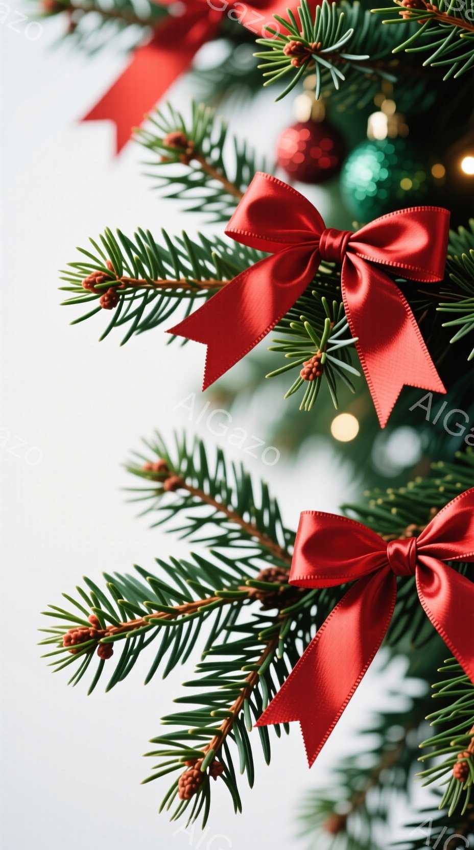 濃い緑のモミの枝に、鮮やかな赤いリボンが数か所に取り付けられています。背景はぼやけており、暖色系の光が点在し、クリスマスの装飾やイルミネーションを思わせる雰囲気です。全体的に落ち着いた、華やかな季節の - AI生成フリー素材