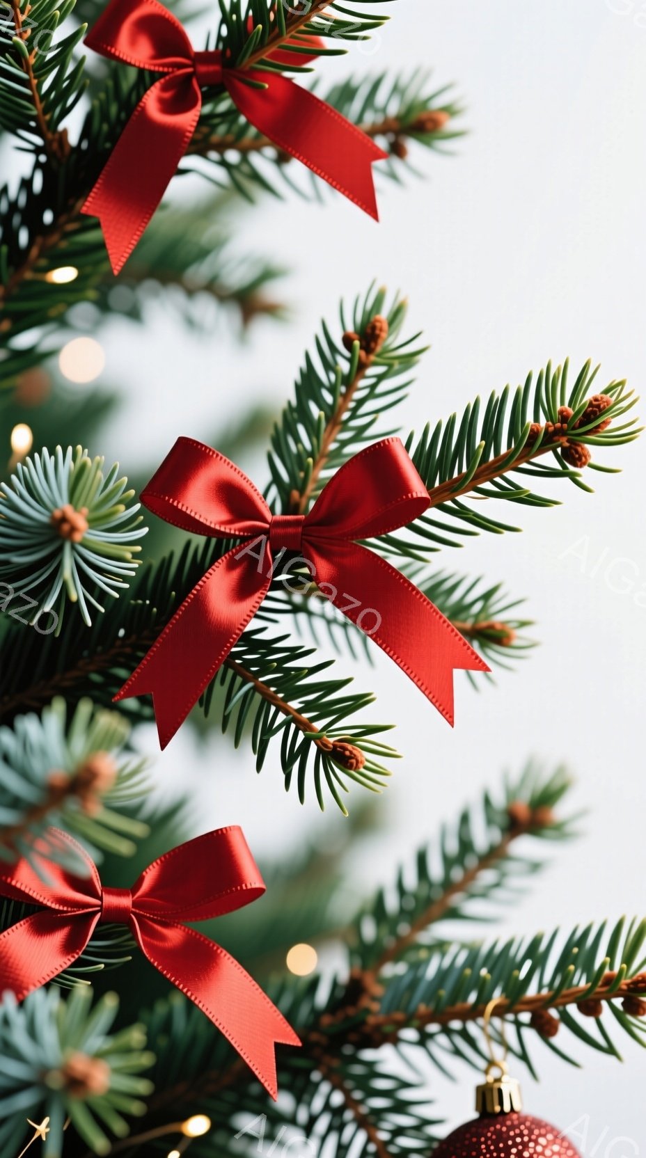 深緑のモミの枝に、鮮やかな赤いリボンが数か所飾られています。背景にはぼんやりとした光が散りばめられ、金色のオーナメントも見え、クリスマスの装飾が施されたツリーの一部であることがわかります。全体的に、暖かく、お祝いムードにあふれた雰囲気です。