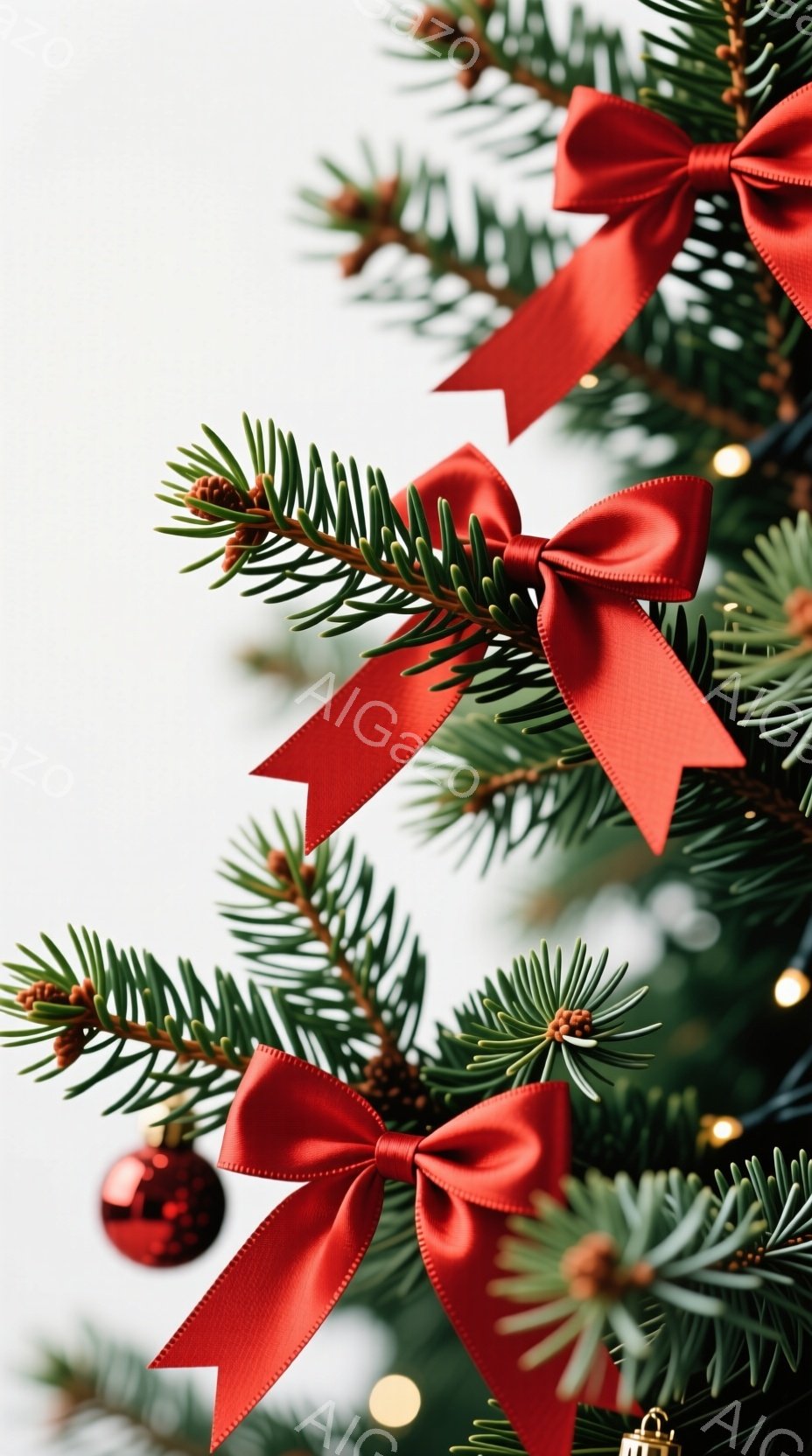 クリスマスツリーの枝が写っており、鮮やかな赤いリボンが複数、枝に飾られています。枝には小さな松ぼっくりと、赤いオーナメントボールや金色のオーナメントも点在し、華やかな雰囲気を醸し出しています。背景は白くぼやけており、リボンとオーナメントが際立っています。