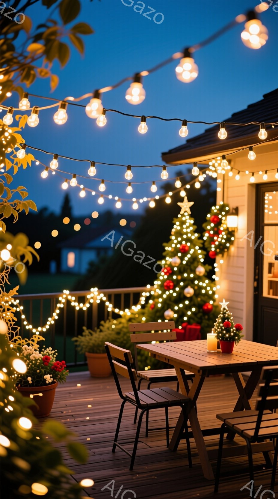 庭のテラスがクリスマス装飾で彩られています。電球の光が輝き、クリスマスツリーとテーブルに置かれた小さな鉢植えが温かい雰囲気を醸し出しています。背景には住宅街が広がり、薄暗い空が夜の訪れを告げています。