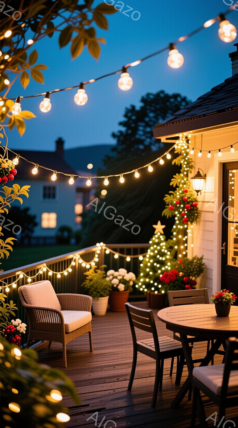 デッキにはクリスマスの飾り付けが施されており、電飾が暖かく輝いています。背景には住宅や木々が見え、夜空が暗く広がり、穏やかで祝祭的な雰囲気を醸し出しています。家具は屋外用で、植物が配置され、リラックスできる空間を演出しています。
