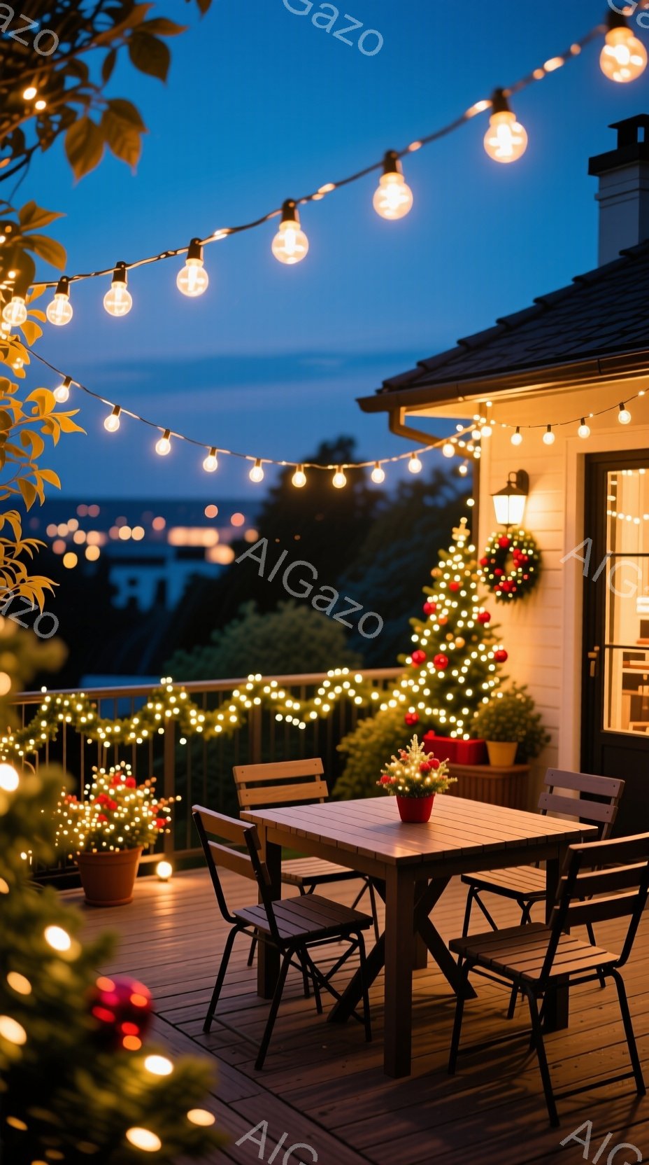 暖炉のそばに飾られたクリスマスツリーと、点灯された電球が美しい屋外のデッキです。木製のテーブルと椅子が配置され、クリスマスの装飾が全体を温かく照らしています。背景には夜景が見え、空は暗く、落ち着いたクリスマスの雰囲気を醸し出しています。