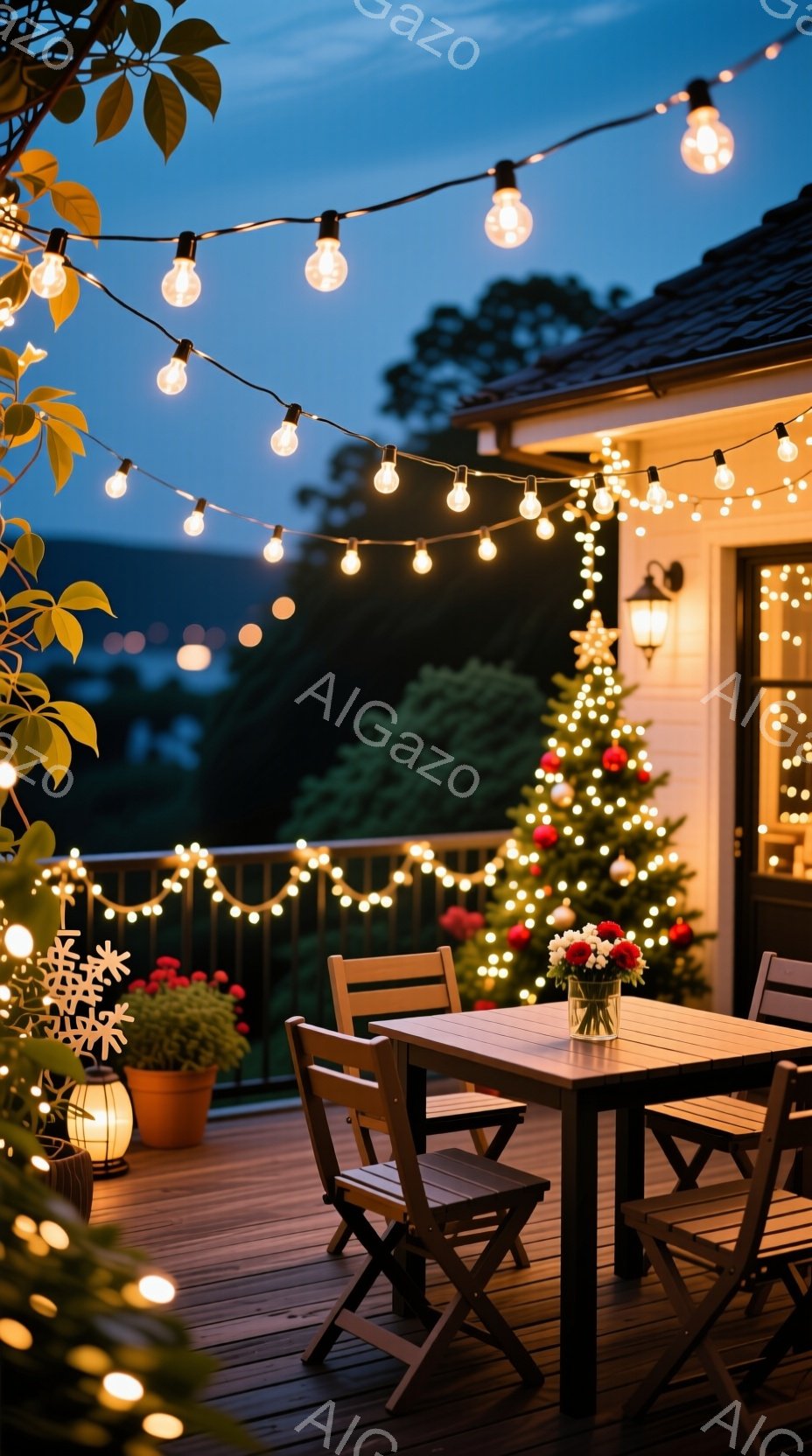 庭のテラスには、木製のテーブルと椅子が配置され、テーブルの上には花瓶に入った赤い花が飾られています。暖かい光を放つ電球がテラス全体を飾り、クリスマスツリーが背景にわずかに見え、穏やかでロマンチックな雰囲気を醸し出しています。夕暮れ時の空とテラスの木製デッキが、落ち着いた暖かさを添えています。