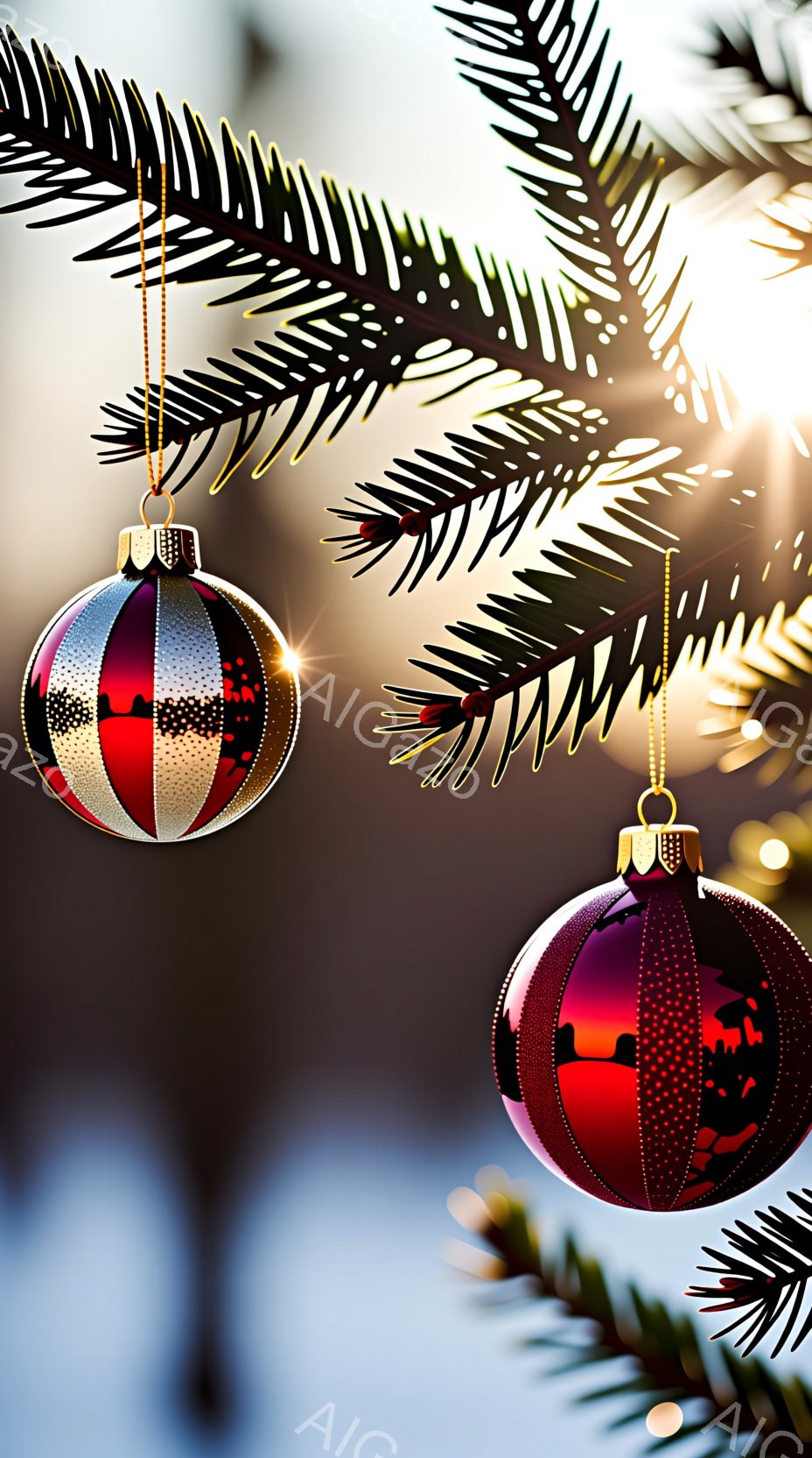 クリスマスツリーの枝に、2つの装飾的なオーナメントボールがぶら下がっています。一つは赤と銀のストライプ模様で、もう一つは鮮やかな赤色で、どちらも光を反射して輝いています。背景はぼやけていますが、木々と - AI生成フリー素材