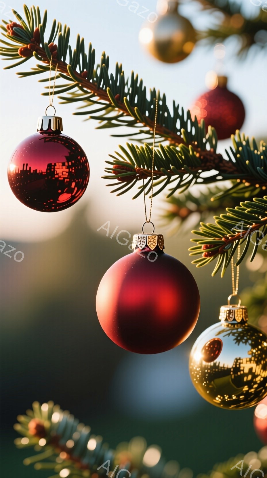 クリスマスツリーの枝に赤いオーナメントが複数飾られています。背景はぼかされており、暖かく穏やかな雰囲気が漂っています。オーナメントは光を反射しており、ホリデーシーズンらしい華やかさを演出しています。