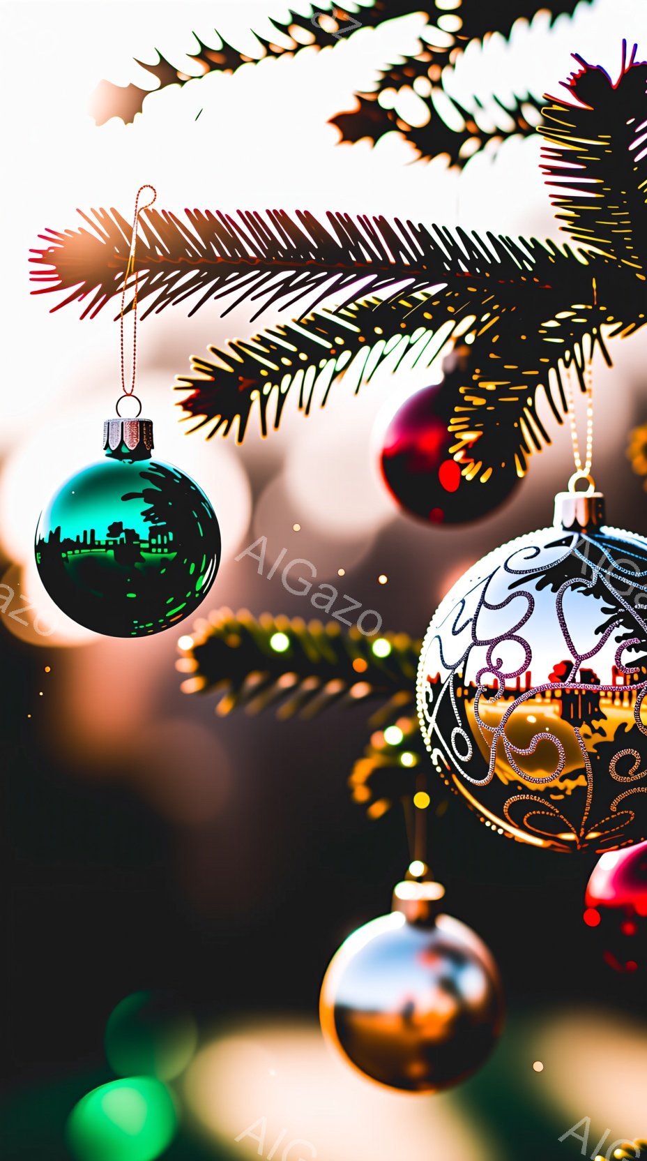 クリスマスツリーの装飾が美しい一枚で、様々な色のオーナメントが輝いている。背景にはぼやけた緑色の葉が広がり、まるでクリスマスの夜の幻想的な雰囲気を醸し出している。オーナメントには街並みの模様が描かれており、温かみのある光が反射して、見る人を魅了する。