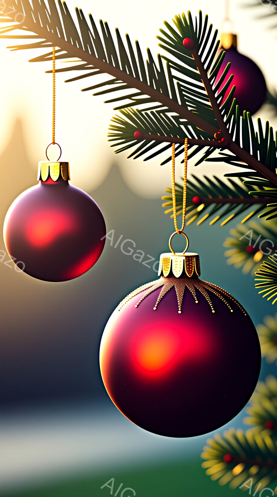 鮮やかな赤紫色のクリスマスオーナメントが、クリスマスツリーの緑豊かな枝に吊り下げられています。背景はぼやけており、暖かい光が差し込み、オーナメントが光沢を持って輝いています。全体的に、落ち着いた温かい - AI生成フリー素材