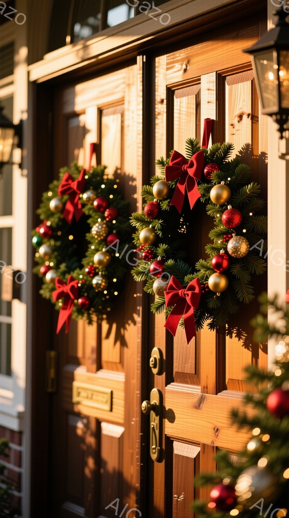 暖色系の木製のドアに、クリスマスリースが飾られています。リースは緑の葉っぱと赤いオーナメント、金色のボールで彩られ、赤いリボンがアクセントになっています。背景にはレンガ造りの建物がうっすらと見え、クリスマスの温かく穏やかな雰囲気が漂っています。