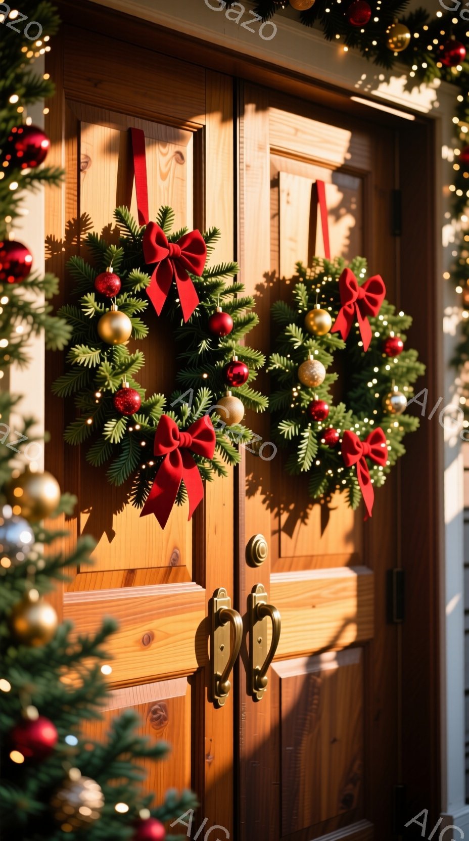 暖色系の木の扉に、クリスマスリースが二つ飾られています。リースは赤いリボンと金色のオーナメントで飾られ、緑の葉が豊かに広がっています。背景にはぼやけた光の点々があり、クリスマスの温かく華やかな雰囲気を醸し出しています。