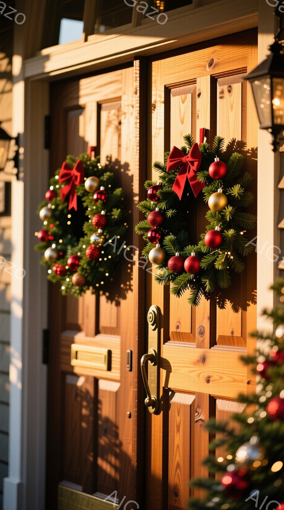 玄関ドアは木製で、暖色系の色合いが特徴的です。ドアには、赤いリボンと複数の赤いボールで飾られたクリスマスリースが掛かっており、季節感を演出しています。ドアの周りには光が差し込み、温かく心地よい雰囲気が漂っています。