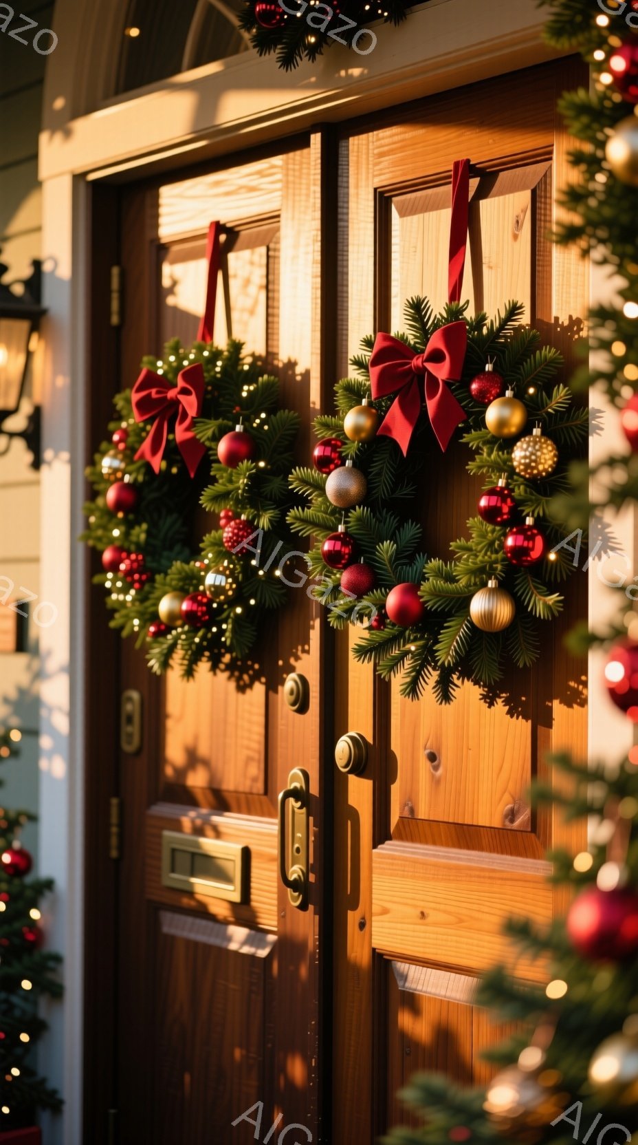 暖炉のドアに二つのクリスマスリースが飾られています。深い赤と金色のオーナメントが、緑の葉の上に美しく輝き、赤いリボンがアクセントになっています。木製のドアの暖かさとクリスマスの装飾が合わさり、温かく穏やかな祝祭の雰囲気を醸し出しています。