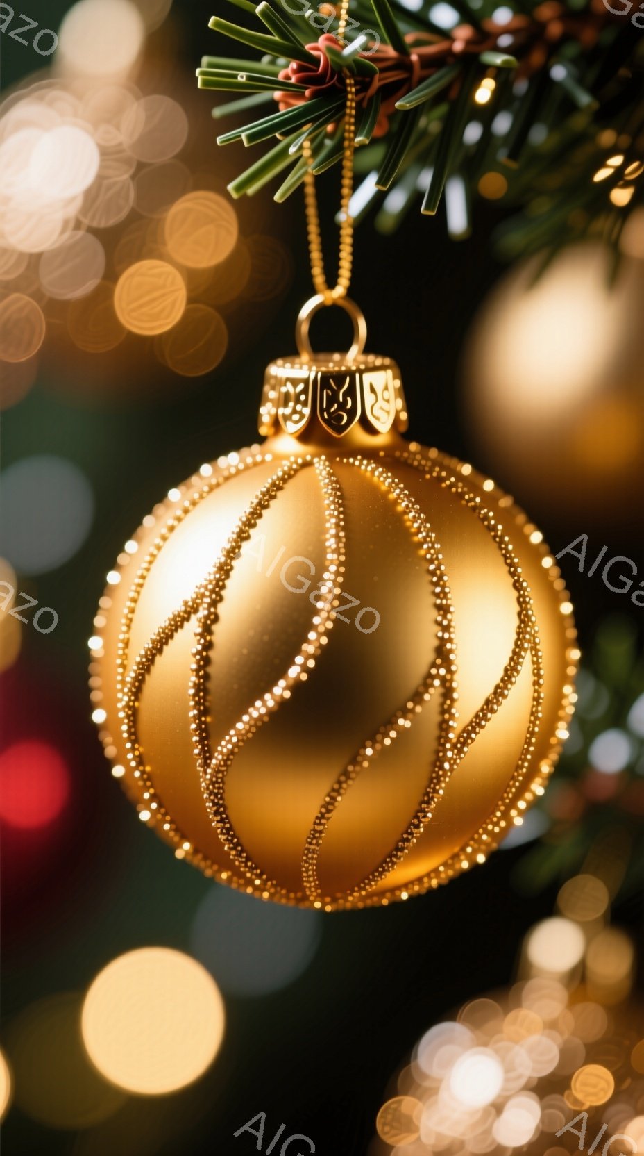 金色のオーナメントが、クリスマスツリーの緑の葉の上に吊り下げられています。オーナメントは球形をしており、表面には複雑な模様が施され、光を受けてきらめいています。背景にはぼやけた光の玉が散りばめられてお - AI生成フリー素材