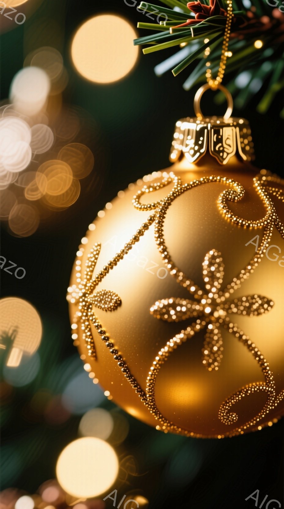 暖色系の背景に金色のオーナメントが焦点となり、繊細な模様が光を受けて輝いている。背景にはぼやけた緑色の葉と、小さな光の玉が散りばめられており、クリスマスの雰囲気を醸し出している。全体的に優雅で暖かい印象を与え、お祝いの雰囲気が感じられる。