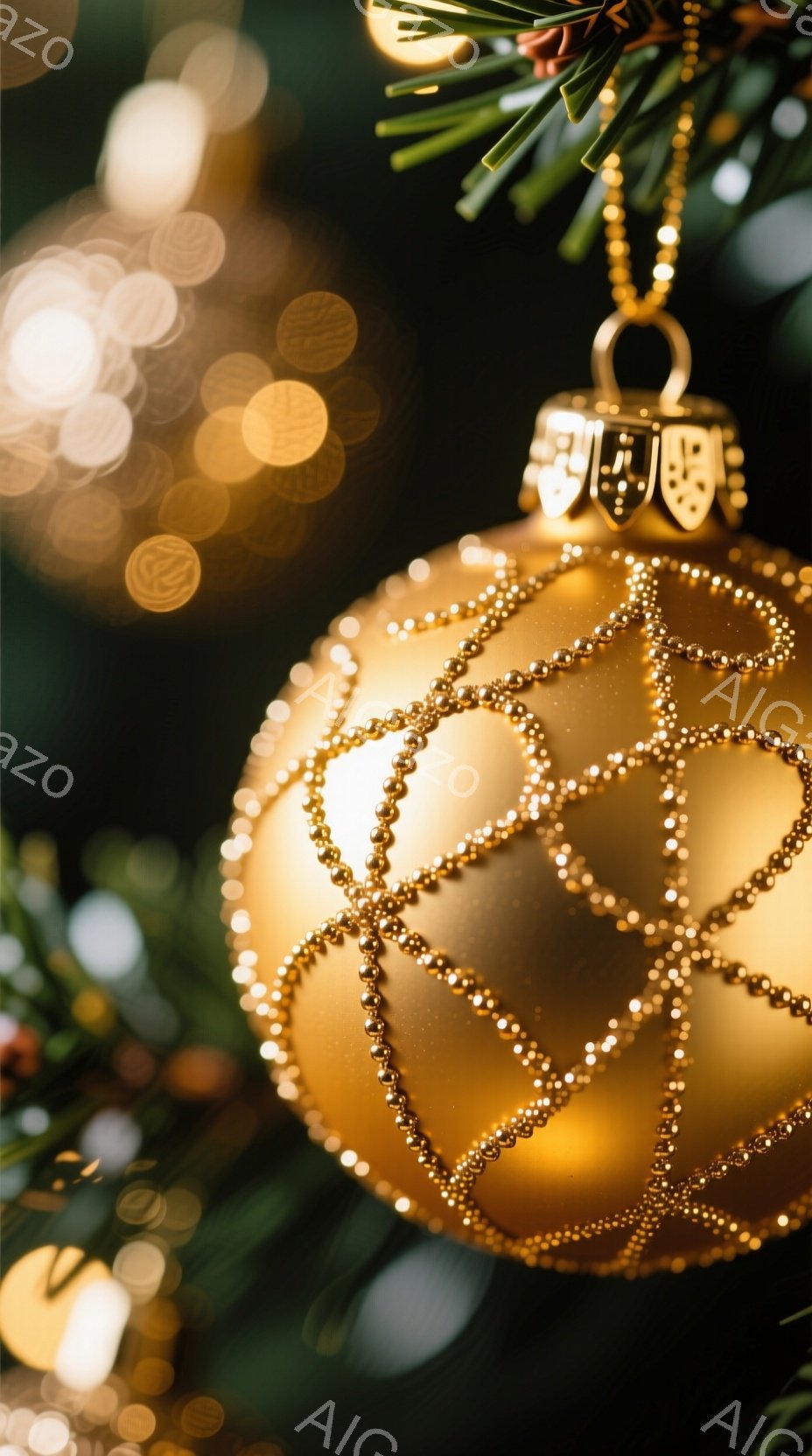 金色のオーナメントがクリスマスツリーの緑の葉の中で際立って見えます。オーナメントの表面には、細かいビーズのような装飾が施された繊細な模様が描かれており、背景にはぼやけた光の玉が散りばめられています。暖 - AI生成フリー素材
