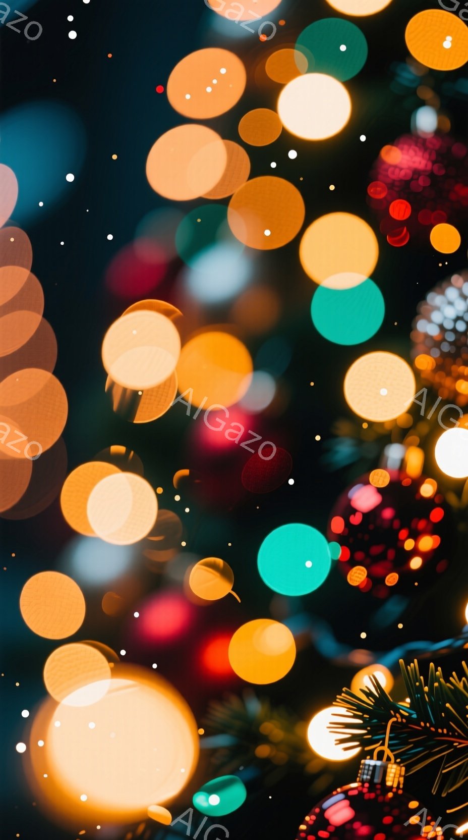 この画像は、ぼやけたクリスマスツリーのライトの背景で、様々な色の丸い光が散りばめられています。緑色の葉と赤い飾りもわずかに見え、暖かくお祝いの雰囲気を醸し出しています。背景は暗く、光がぼやけているため、夢のような幻想的な印象を与えます。