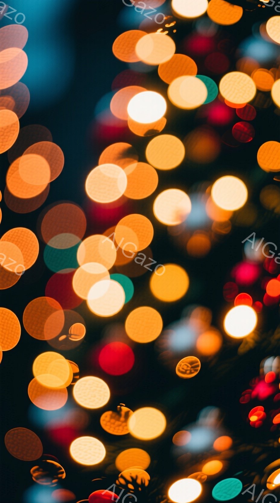 画像全体は、ぼやけた光の玉で覆われており、暖色系のオレンジ、黄色、そしてアクセントとして赤や青が混ざり合っている。これらの光は、まるで夜空の星々や、パーティー会場のイルミネーションのように、奥行きのある空間を彩っている。光の玉は様々な大きさと明るさで、夢幻的で幻想的な雰囲気を醸し出している。