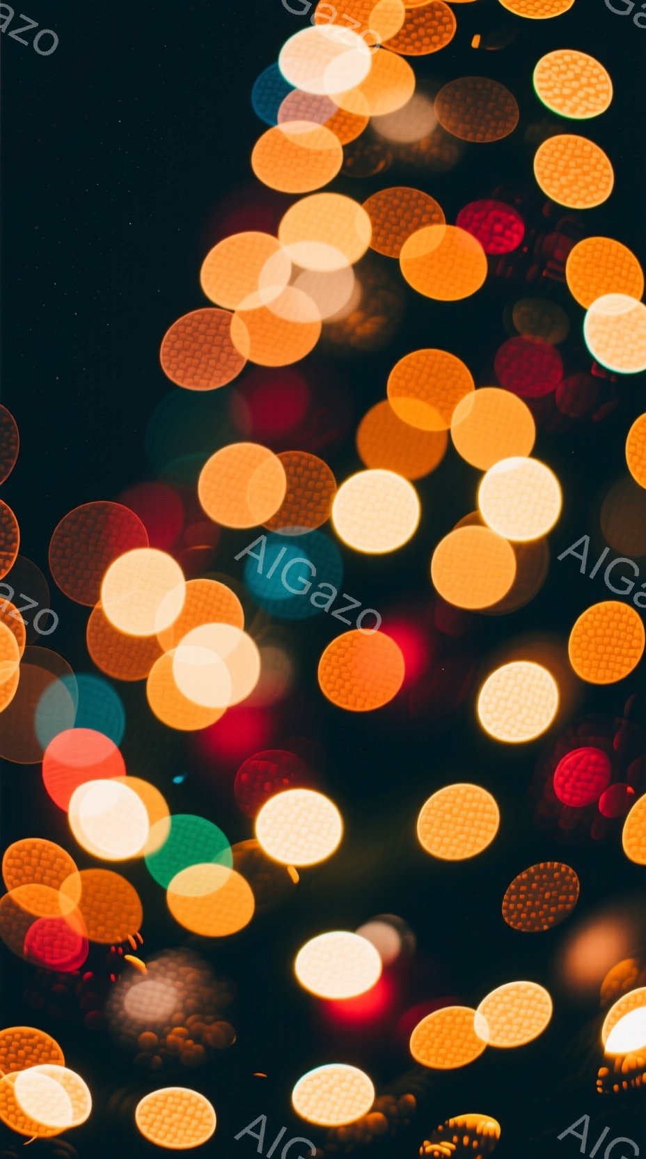 画像全体は、ぼやけた光の球体が多数存在する様子を描写しており、まるで夜空に輝く星々や、パーティー会場のイルミネーションのようである。暖色系のオレンジや黄色を基調とした光が中心で、少量の赤や水色も混ざり - AI生成フリー素材