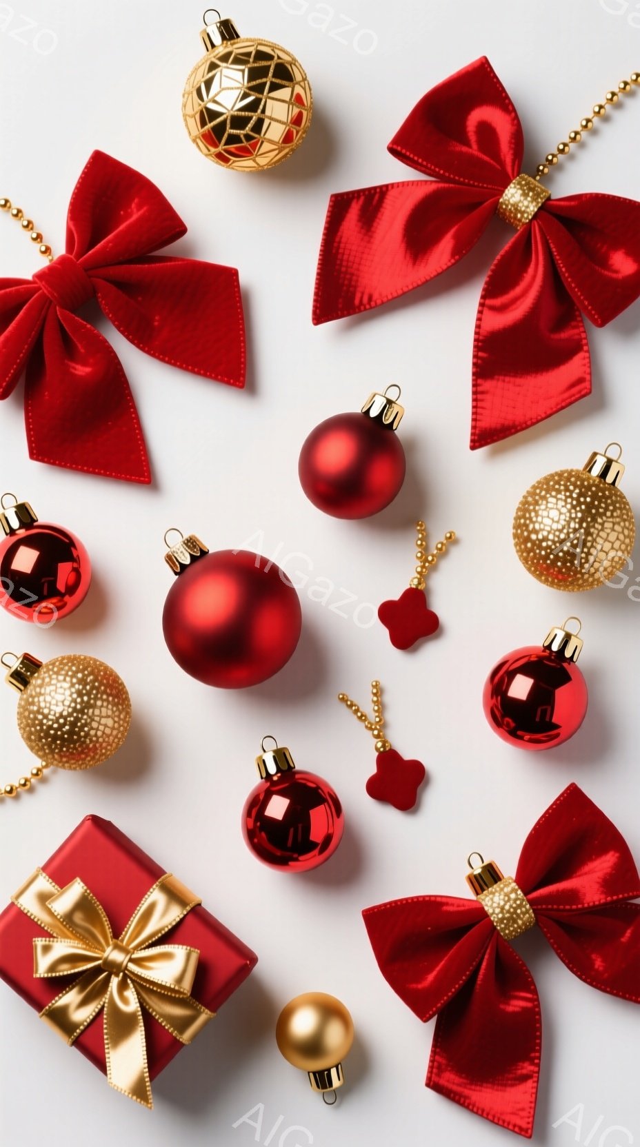 真っ白な背景に、深紅のクリスマスオーナメントと金色のリボン、ギフトボックスが散りばめられています。赤いオーナメントはマットな質感で、金色のオーナメントはキラキラと輝き、リボンやギフトボックスも華やかな金色で飾られています。全体的に温かく、クリスマスの到来を感じさせる雰囲気です。