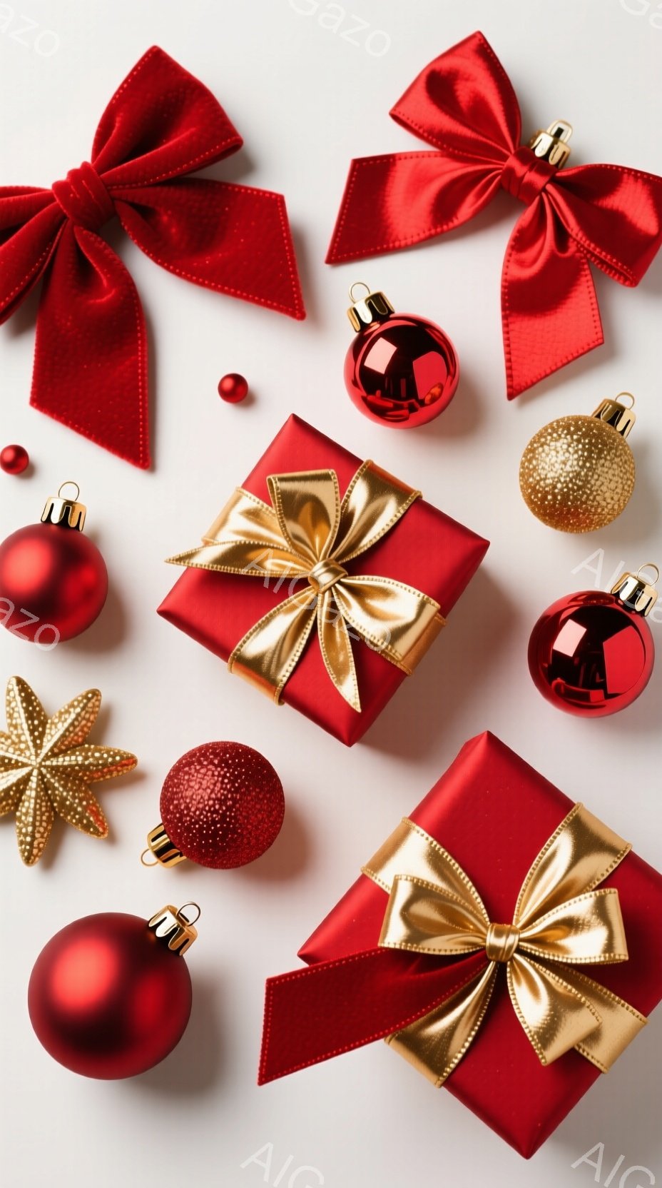真っ赤な背景に、金色のリボンで飾られた赤いギフトボックスと、様々な装飾品が散りばめられています。赤いオーナメントボール、キラキラした金色の星形、そして鮮やかな赤いリボンが、クリスマスや特別な機会を予感させる華やかな雰囲気を醸し出しています。全体的に、暖かく、お祝いムード満点の、洗練された印象を与える構成です。