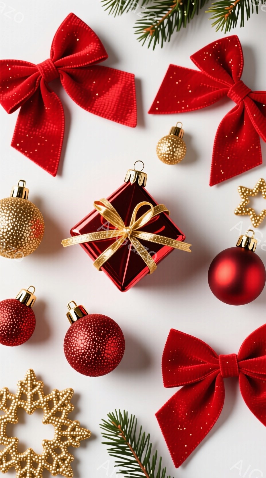 白い背景の上に、赤いベルベットのリボン、キラキラ光る金色のオーナメント、赤いクリスマスボール、そして赤いリボンで飾られたギフトボックスが配置されています。クリスマスツリーの葉も添えられており、全体的に華やかで暖かいクリスマスの雰囲気が漂っています。ギフトボックスとオーナメントは、光沢があり、細部まで丁寧に作られているのがわかります。