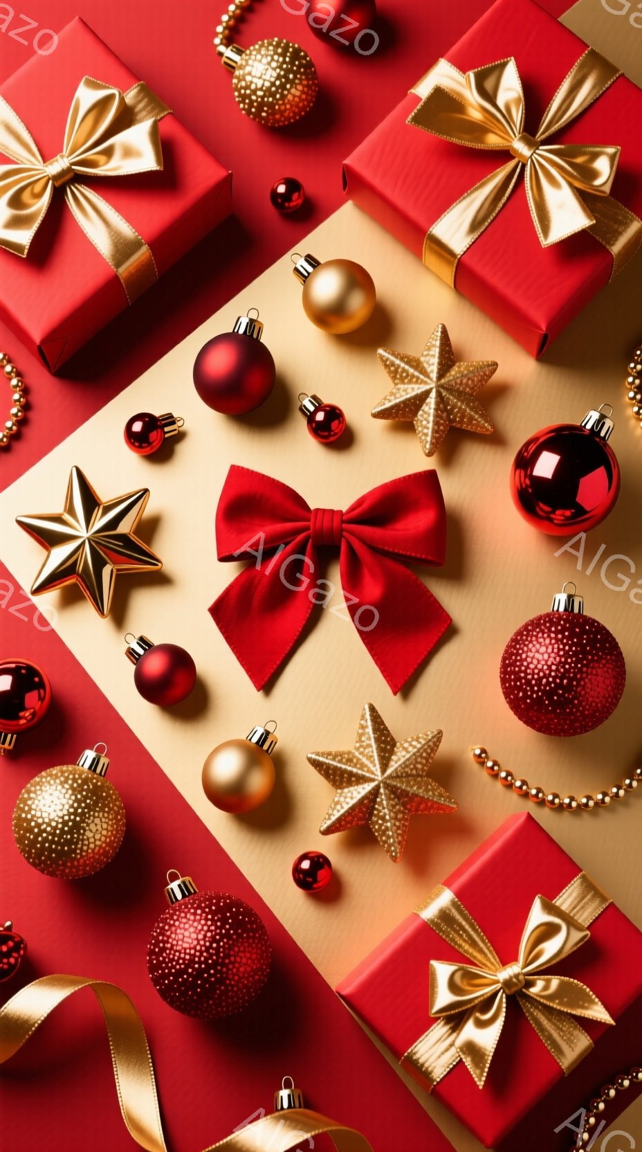 鮮やかな赤いリボンと金色の装飾が特徴のギフトボックス、オーナメント、そして赤いビーズのストランドが、黄金色の背景に配置されています。様々な大きさの赤い、金色の、そしてテクスチャのあるオーナメントが散りばめられ、華やかで贅沢な雰囲気を醸し出しています。全体的にクリスマスや祝日の装飾を連想させる、暖かい光沢のあるイメージです。
