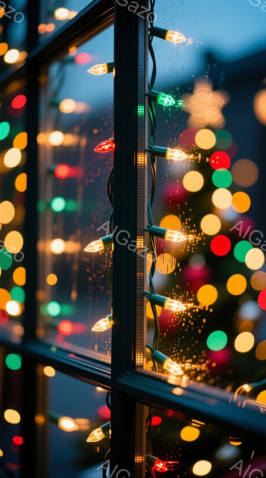 鮮やかな色のクリスマスライトが、雨に濡れた窓枠に映り込み、ぼやけた光の帯が形成されている。背景には、暗闇の中にぼんやりと見える都市の明かりが広がり、雨の夜の静けさと光の温かさが対照的である。全体的に、雨の夜のメランコリックな雰囲気と、クリスマスの希望に満ちた光が混ざり合った、幻想的な光景が表現されている。