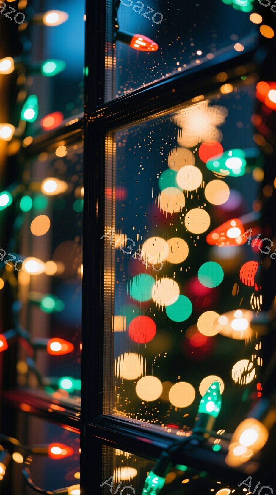 ぼやけた光の点が無数に広がる夜の風景が映り込んでいる。光点は赤、緑、黄色など様々で、雨粒がわずかに付着したガラス越しに見えているため、幻想的で少し切ない雰囲気を醸し出している。この画像からは、都会の夜の賑わいと、雨上がりの寂しさが感じられる。
