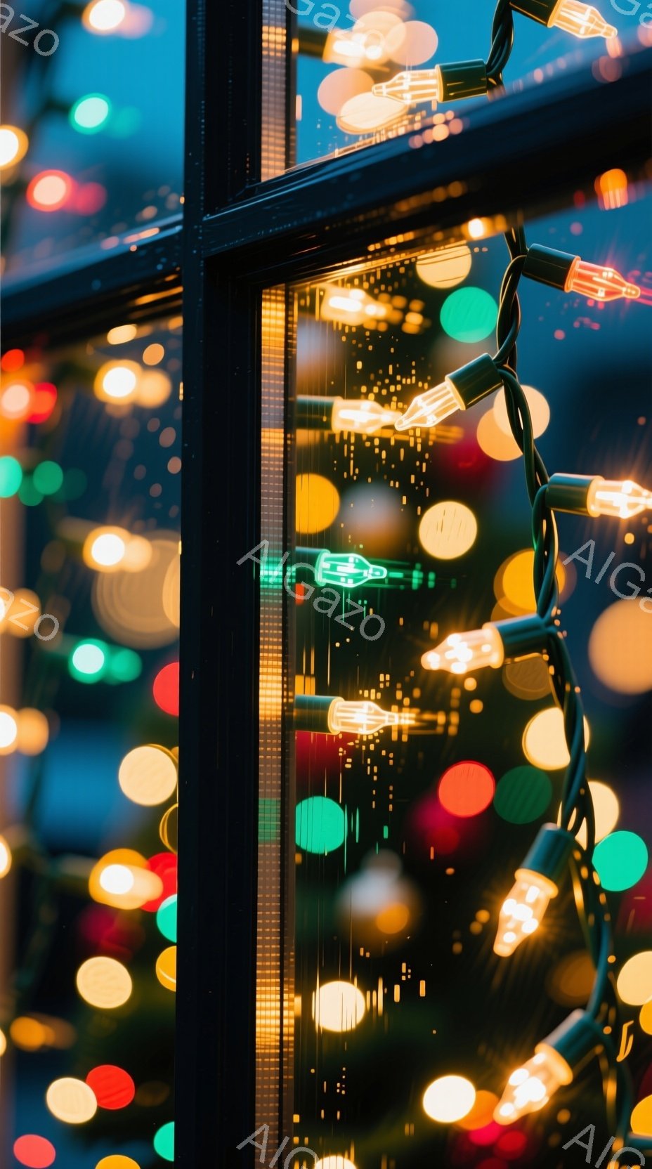 鮮やかな色のクリスマスライトが、まるで星空のように背景を彩っています。黒いフレームがライトの一部を区切り、奥行きのある視覚効果を生み出しています。暖かく幻想的な光が、お祝いの雰囲気や特別な瞬間を表現しているようです。