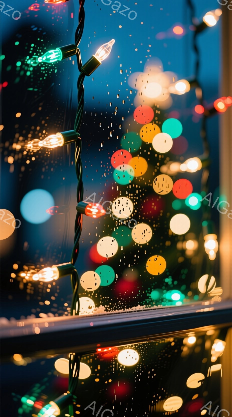 雨粒で覆われた窓ガラスを通して、カラフルなクリスマスライトがぼやけて見える。ライトは赤、緑、オレンジ、黄色など様々な色で、雨によって光が拡散し、幻想的な雰囲気を醸し出している。背景は暗く、雨の夜の静け - AI生成フリー素材