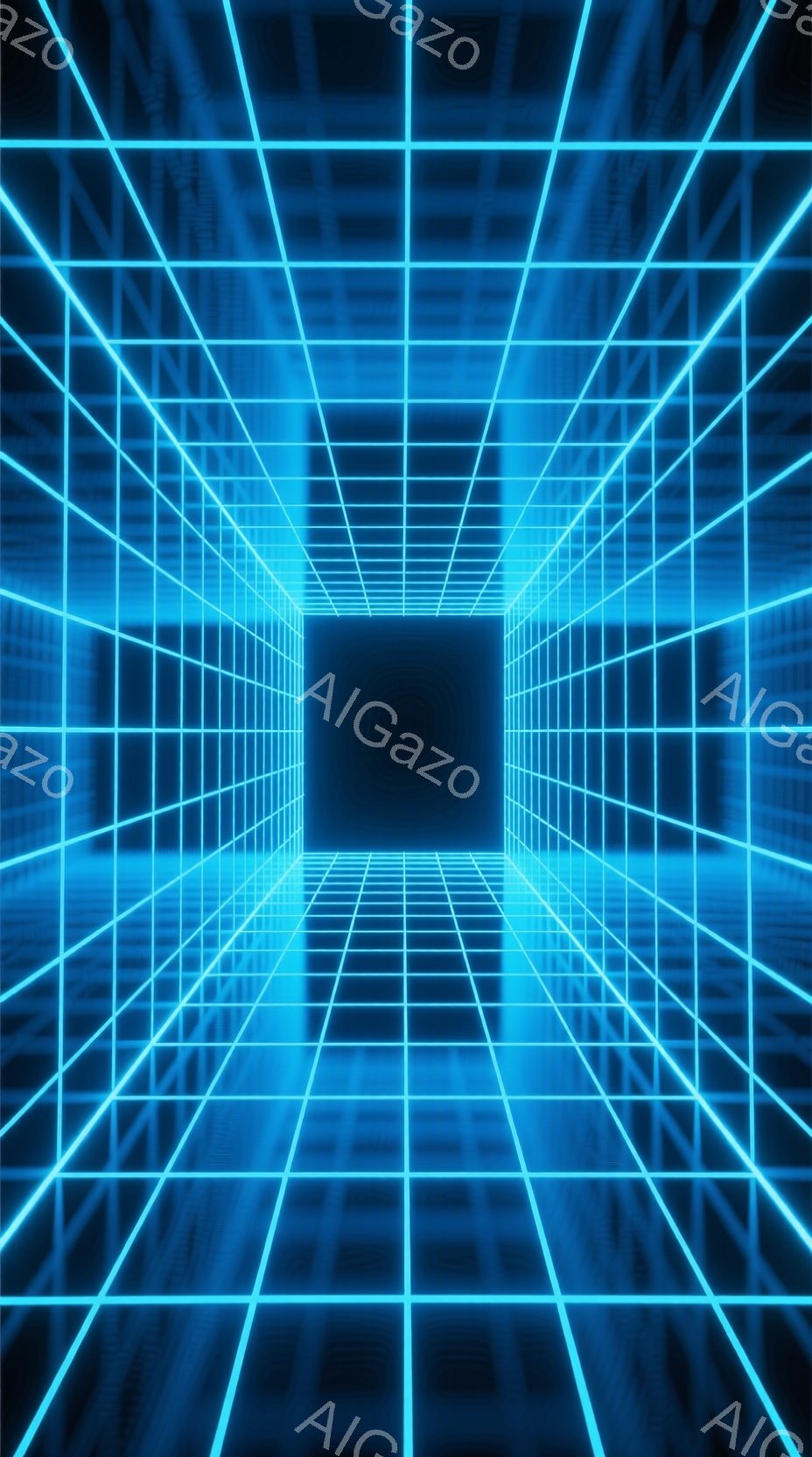 この画像は、ネオンブルーのグリッド線が無限に続くトンネルのような空間を描いています。線は遠近法を利用して奥行きを強調しており、中心に向かって収束するような視覚効果を生み出しています。全体的に未来的なサ - AI生成フリー素材