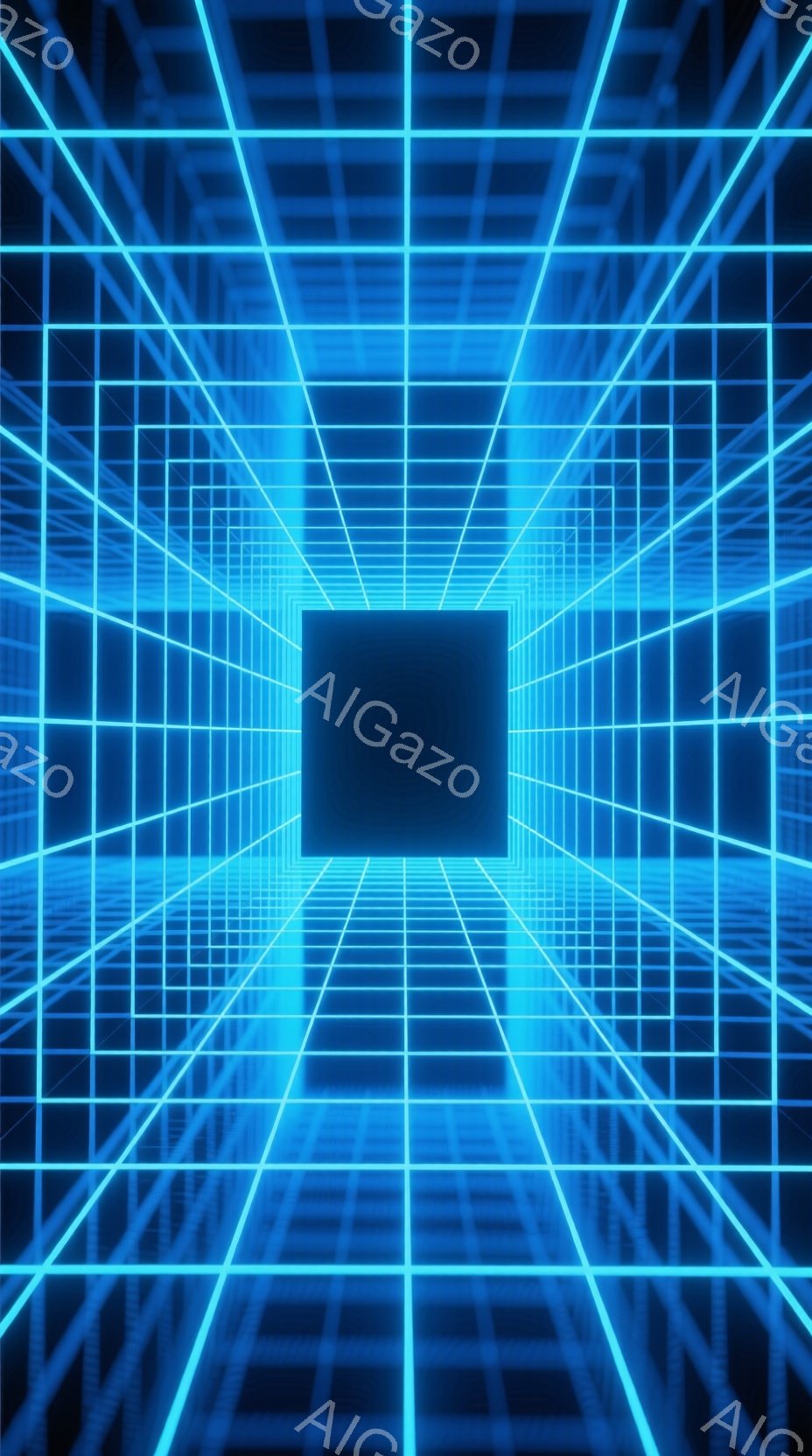 鮮やかなネオンブルーのグリッドが無限に続くトンネルが描かれています。光の線が規則的に交差しており、遠近感を利用して奥行きを強調しています。全体的に未来的な雰囲気で、サイバー空間や仮想現実を想起させるイ - AI生成フリー素材