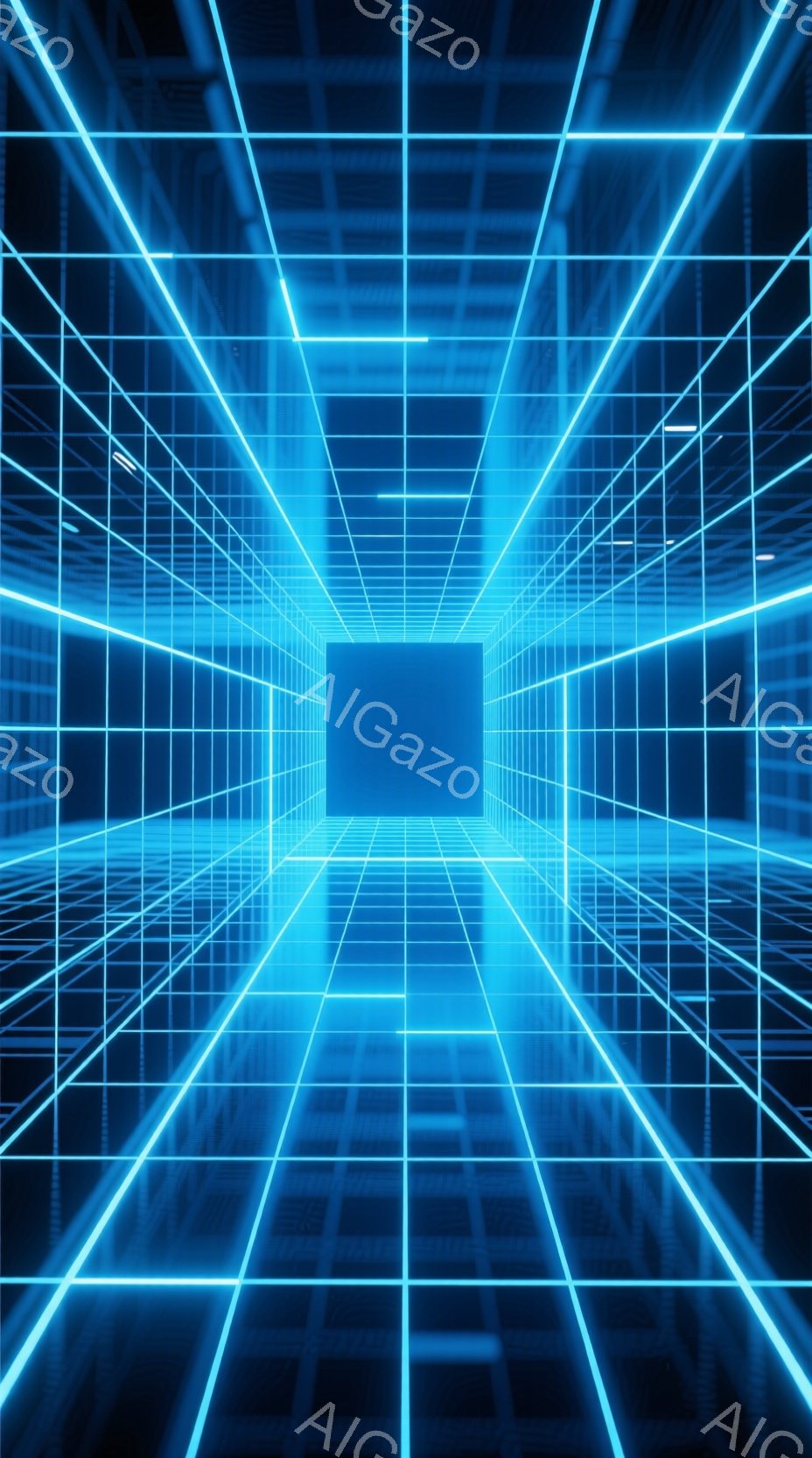 この画像は、青色の発光するグリッド線が遠近法で描かれた仮想空間を示しています。線は水平方向と垂直方向に伸びており、中央に明るい青色の空洞を作り出しています。全体として、未来的なトンネルやデジタル空間を思わせる、鮮やかで没入感のある雰囲気です。