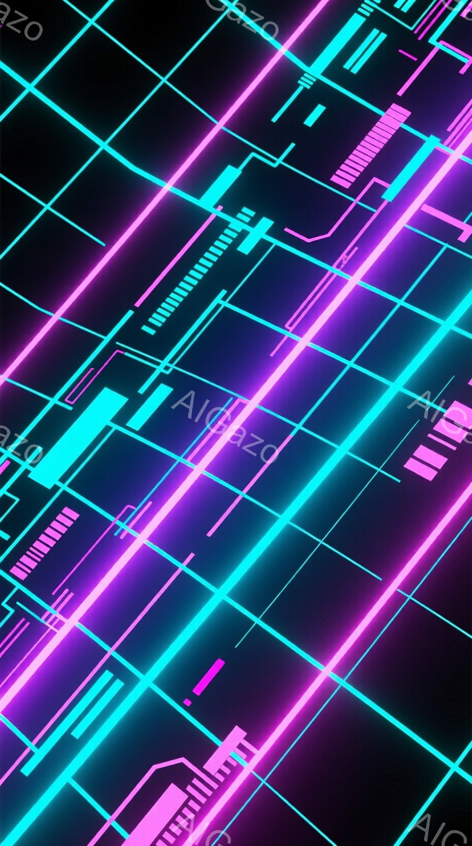 鮮やかなネオンピンクとターコイズブルーの線が、黒い背景に交差する幾何学模様を形成している。線は様々な長さと角度で配置され、未来的な回路やデジタル空間を連想させる。全体的に、サイバーパンクや80年代のレトロウェーブを彷彿とさせる、エネルギッシュで幻想的な雰囲気である。